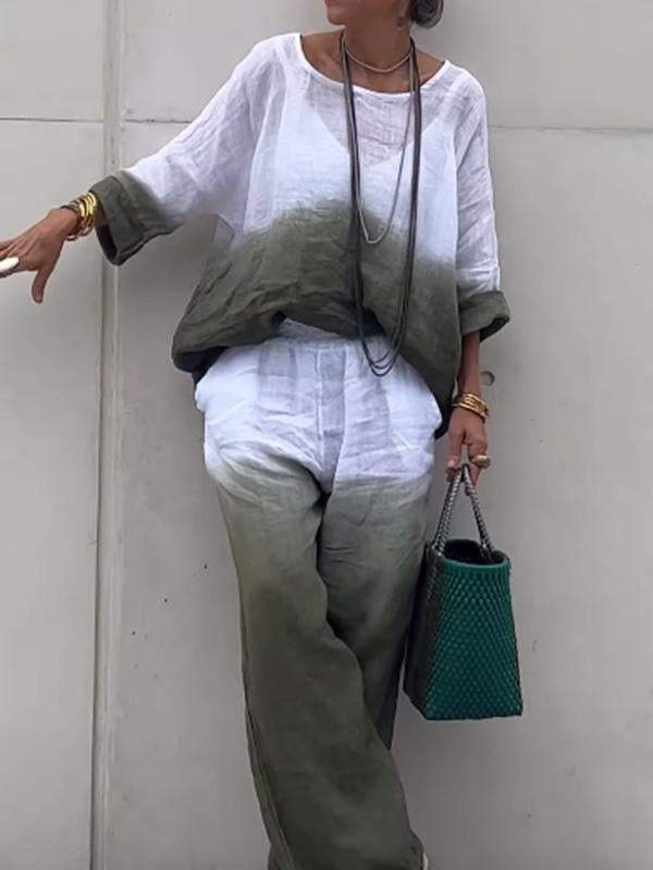 Conjunto de dos piezas de algodón y lino degradado para mujer 