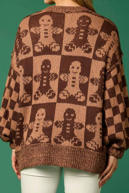 Suéter de punto suelto de manga larga y cuello redondo con diseño de hombrecito de jengibre navideño