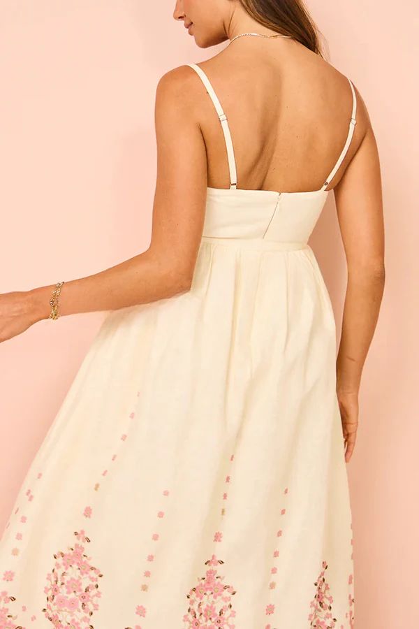 Vestido largo holgado con tirantes y bolsillos, estampado único en mezcla de lino Paradise Flowers
