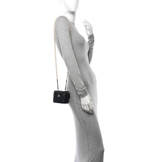 Lambskin Quilted Mini Vanity Case With Pearl Chain Black
