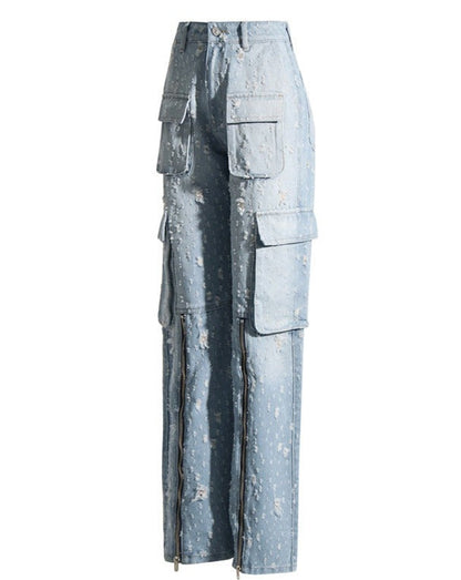 High Waist Loose Ripped Cargo Jeans