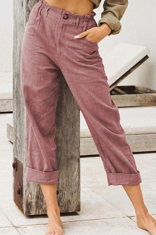 Pantalones de lino y algodón de color liso para mujer