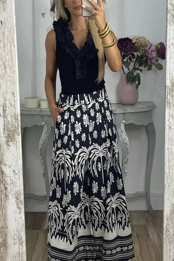 Pantalones anchos de pierna para vacaciones con bolsillo suelto y cintura elástica con estampado único
