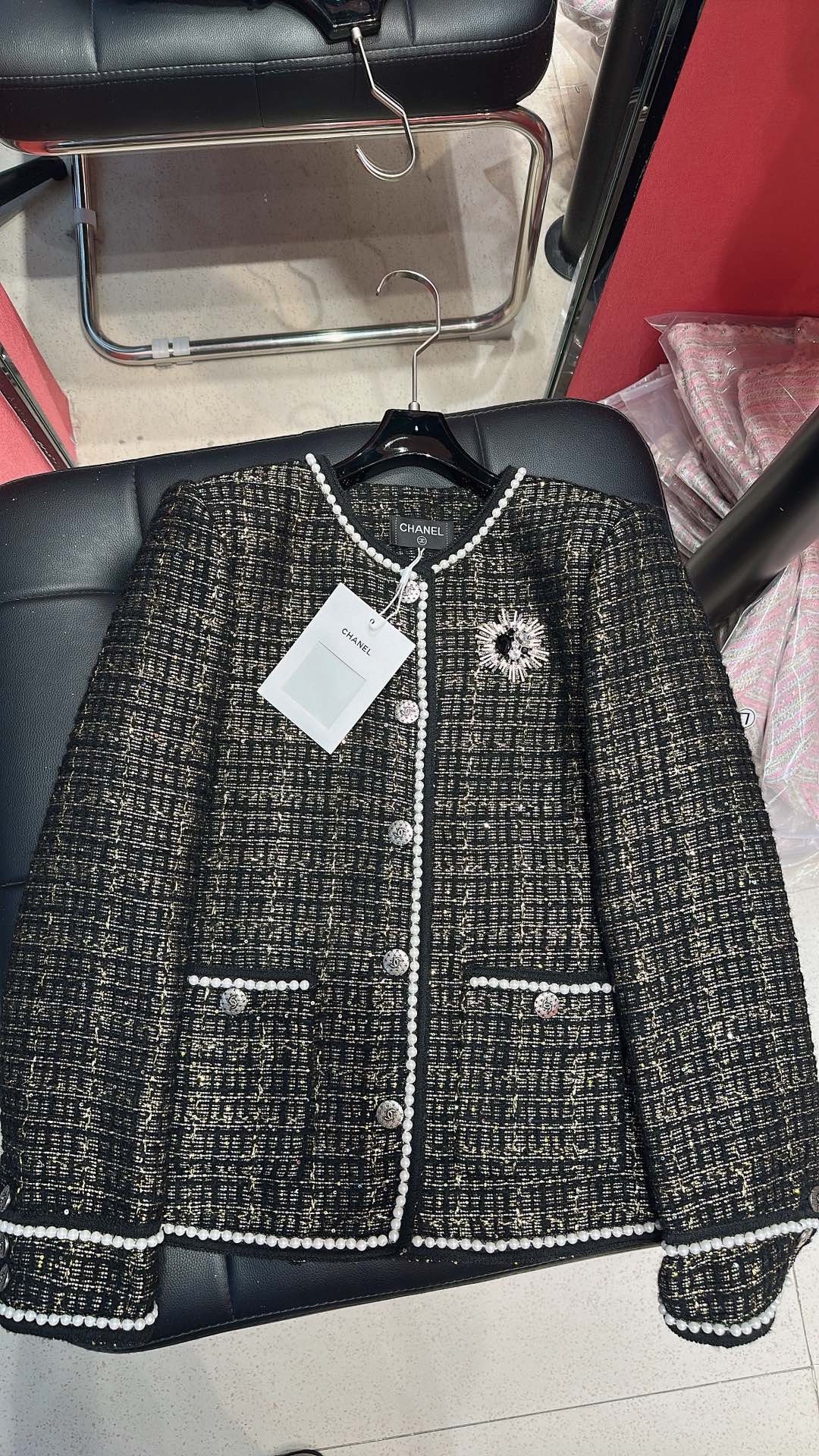 CC 25 Catwalk Style Custom Gold Woven Woolen Pearl Trim Black Coat