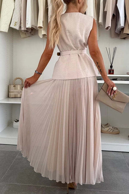 Chaleco holgado, elegante y relajado con cuello redondo, botones y bolsillo con cinturón