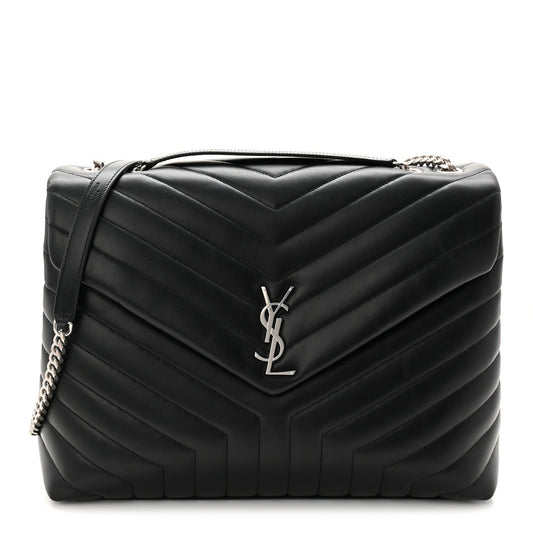 Calfskin Y Quilted Monogram Large Loulou Chain Satchel Black
