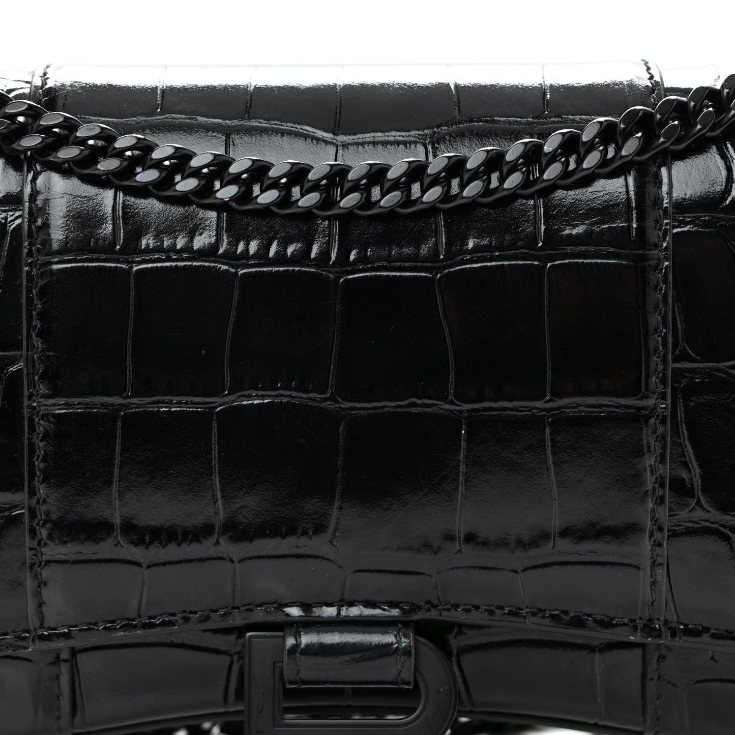 Shiny Calfskin Monochrome Crocodile Embossed Hourglass Chain Bag Black