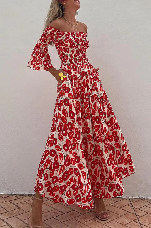 Vestido largo con bolsillos y hombros descubiertos y estampado floral de Close To The Vacation
