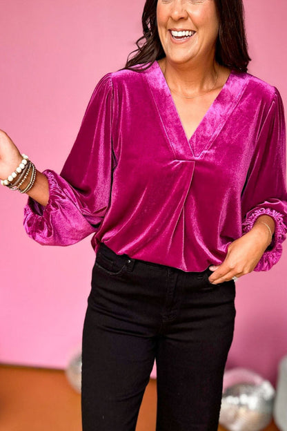 Camisa de manga larga con cuello en V y terciopelo dorado para mujer
