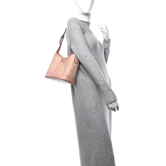 GG Supreme Monogram Textured Dollar Calfskin Web Small Ophidia Bucket Shoulder Bag Rose Pink