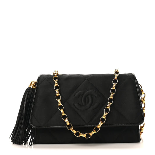 Satin Diamond Quilted Tassel CC Small Flap Bag Black