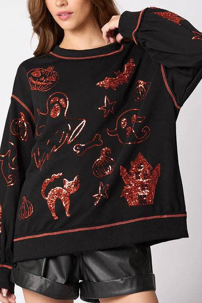 Sudadera informal holgada con lentejuelas y grafiti de Halloween 