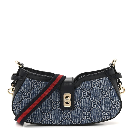 Denim GG Monogram Mini Moon Side Shoulder Bag Blue