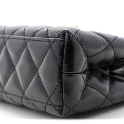 Shiny Aged Calfskin Quilted Nano Kelly Shopper Black