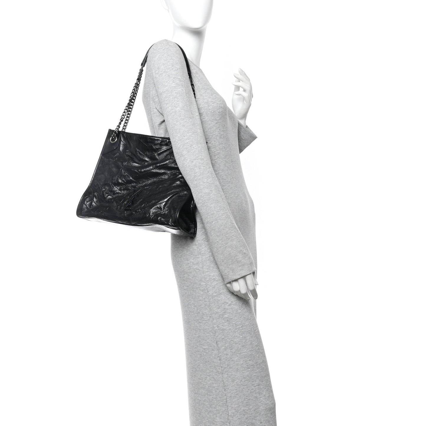 Crinkled Calfskin Matelasse Monogram Medium Niki Shopper Tote Black