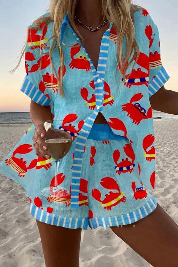 Conjunto de pantalones cortos con cintura elástica y botones sueltos con estampado de fiesta de cangrejos