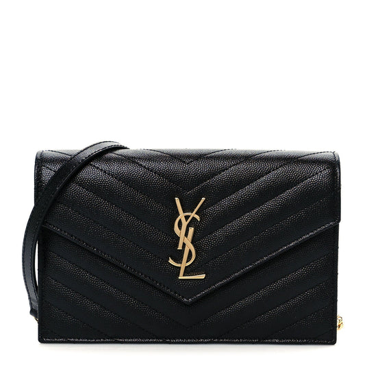 Grain De Poudre Matelasse Chevron Monogram Envelope Chain Wallet Black