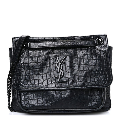 Crocodile Embossed Lambskin Monogram Medium Niki Chain Satchel Black