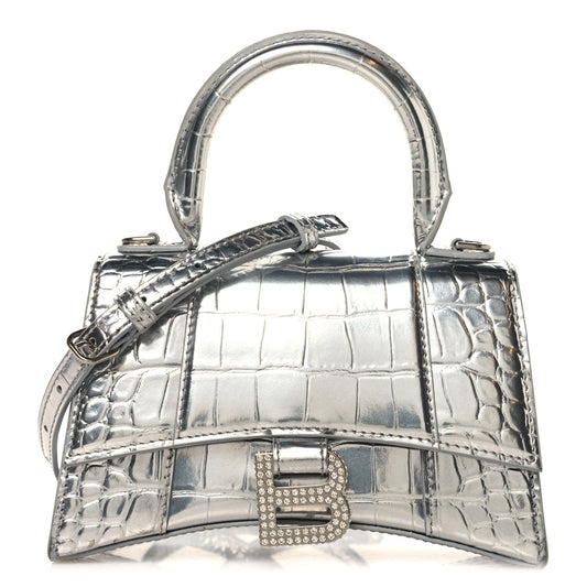 Metallic Calfskin Crocodile Embossed Crystal Hourglass Top Handle Bag XS Silver