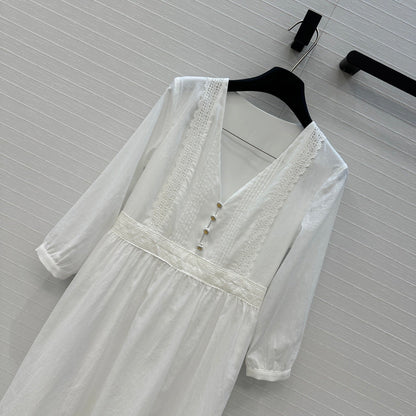 Celine 25 Embroidered V-neck Dress White Cotton