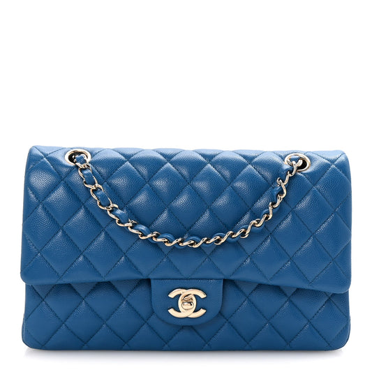 Caviar Quilted Medium Double Flap Blue