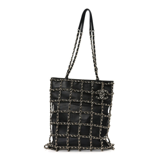 Lambskin Large Shopping Chain Tote Black