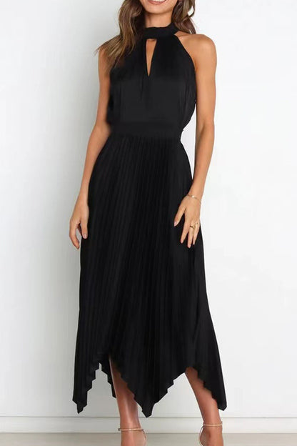 Vestido casual de cintura alta, elástico, plisado y de color liso, combinable con todo. 