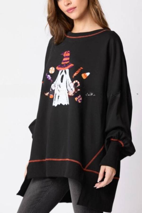 Sudadera informal bordada con lentejuelas de fantasma de Halloween 