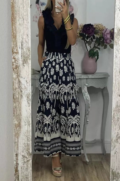 Pantalones anchos de pierna para vacaciones con bolsillo suelto y cintura elástica con estampado único
