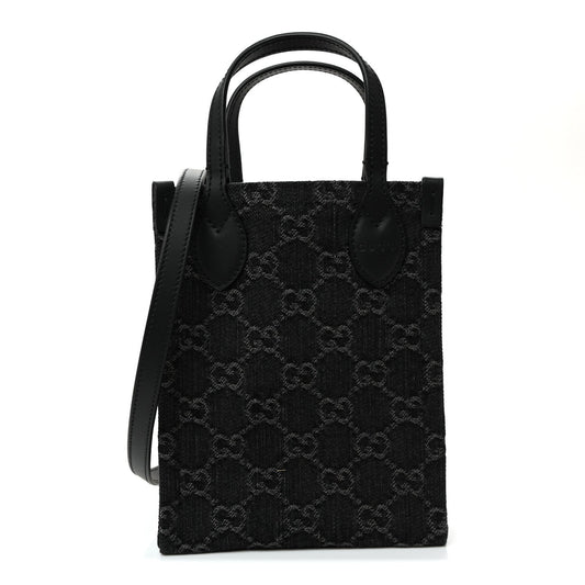 Denim GG Monogram Calfskin Mini Ophidia Tote Bag Black