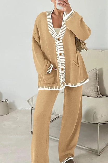 Conjunto de cárdigan informal de punto de manga larga con bolsillos y pantalones anchos y holgados con cintura elástica.