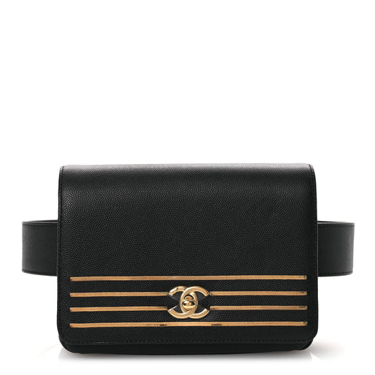 Grained Calfskin Embroidered Captain Gold Belt Bag Black