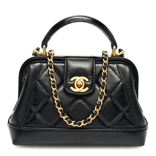 Shiny Lambskin Quilted Mini Cocodoc Top Handle Bag Black