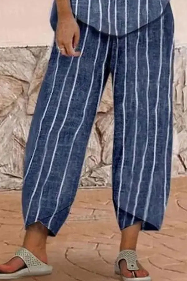 Conjunto informal de camisa holgada de manga larga con estampado a rayas