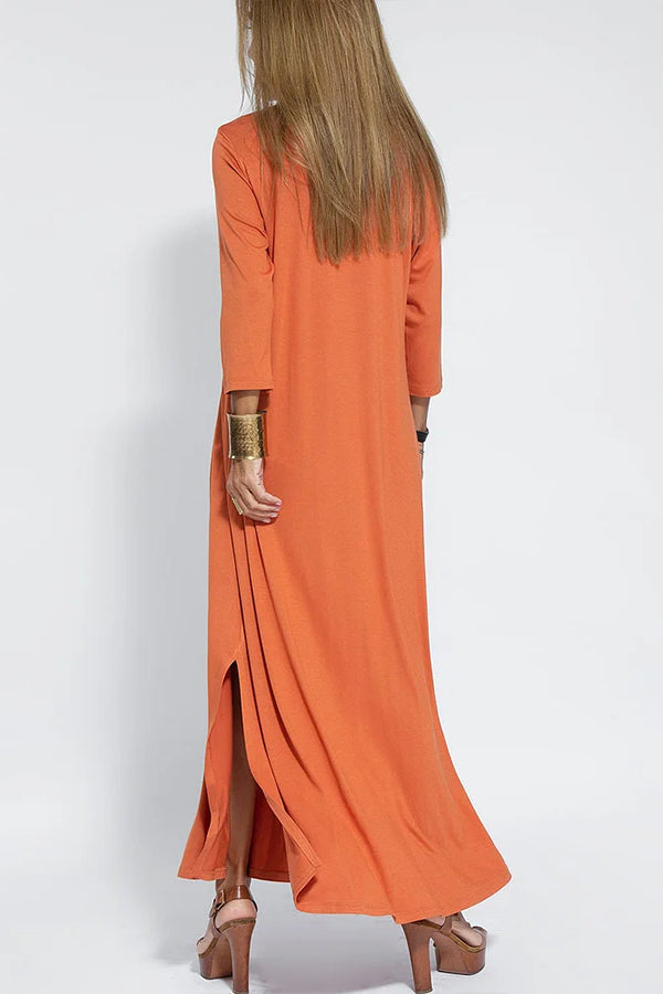 Vestido largo informal de color liso con cuello en V para mujer