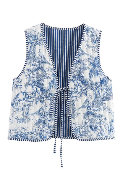 Chaleco tipo cárdigan bohemio blanco reversible con estampado floral y rayas