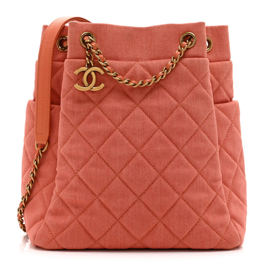 Washed Denim Quilted Small Urban Spirit Drawstring Bag Orange