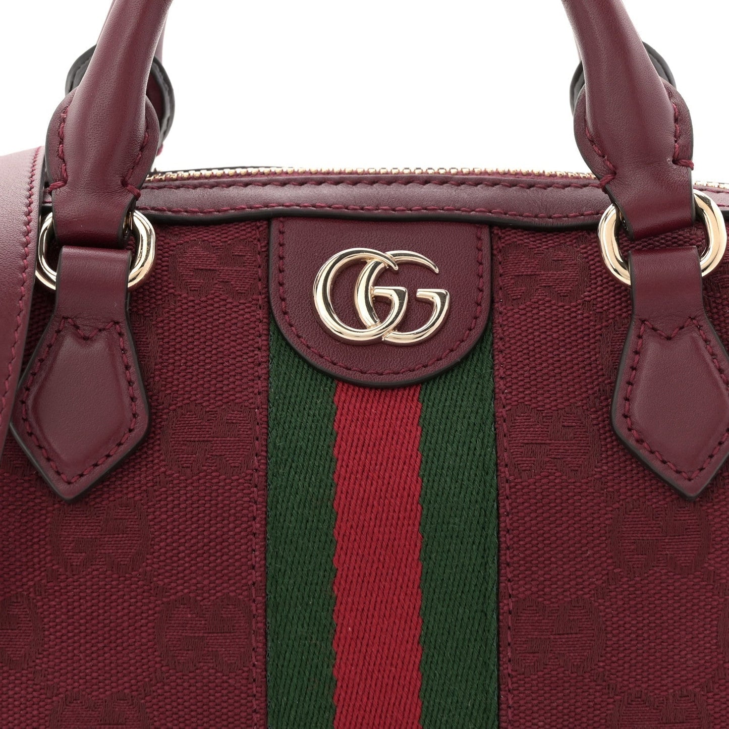 GG Supreme Monogram Textured Dollar Calfskin Web Super Mini Ophidia Top Handle Bowler Bag Rosso Ancora