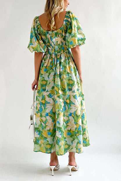 Elegante vestido largo con cuello cuadrado y mangas abullonadas estampadas 