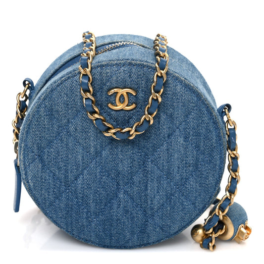 Denim Quilted Round Pearl Crush Clutch With Chain Blue
