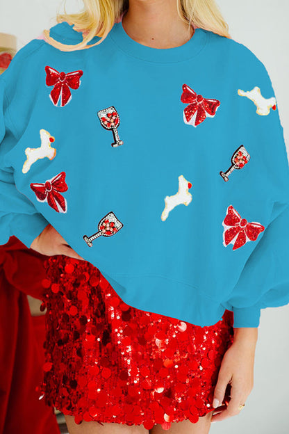 Sudadera holgada de manga larga con lentejuelas y copa de vino con lazo navideño