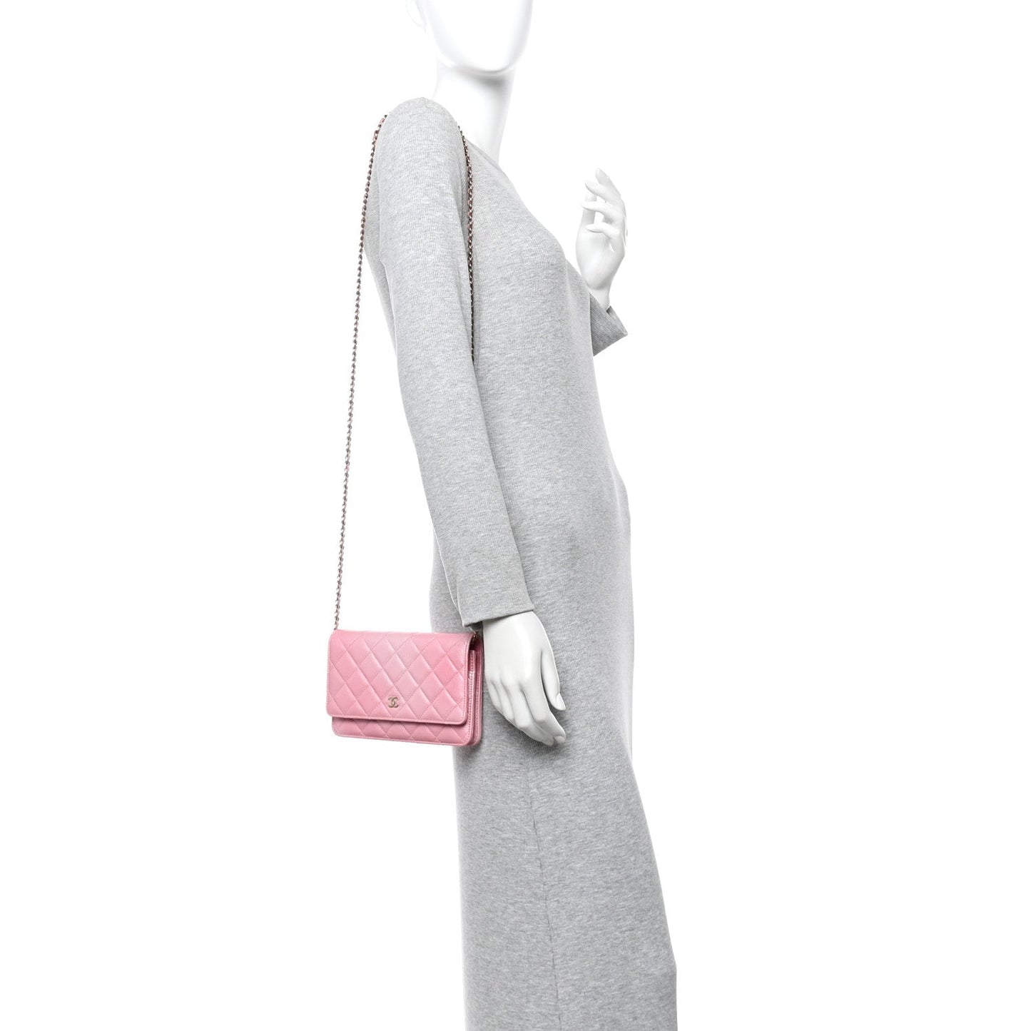 Iridescent Calfskin Quilted Wallet On Chain WOC Rose Pink