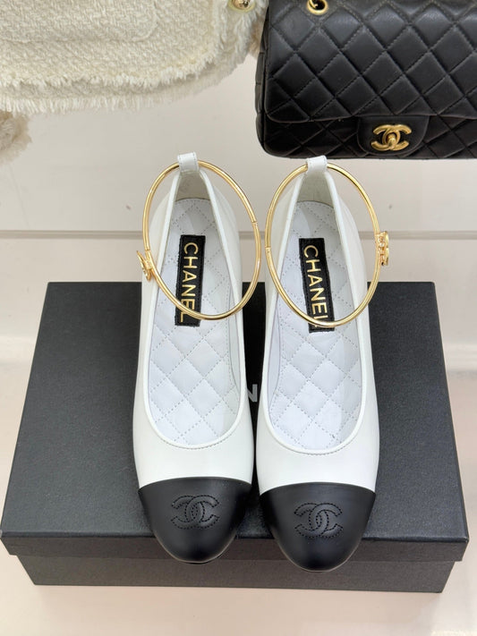 CC 26C Ribbon Camellia Mary Jane With Giant Pearl Black White Lambskin