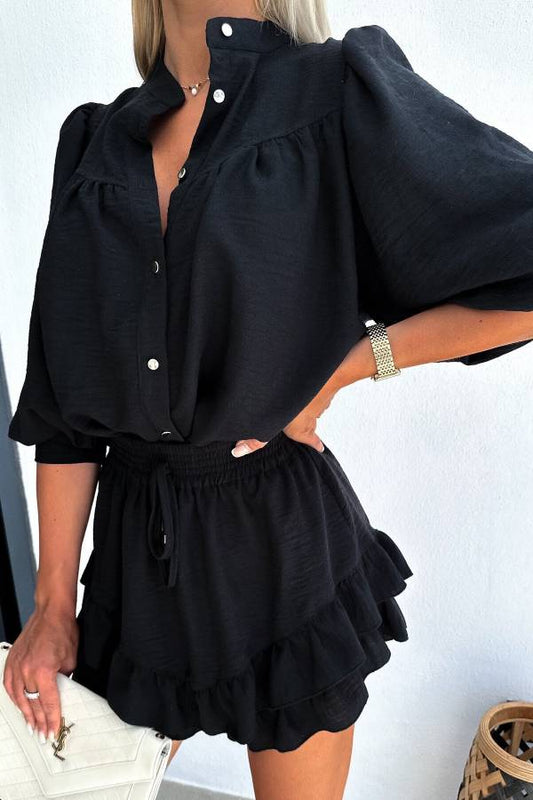 Conjunto de camisa y falda corta de algodón y lino de moda casual