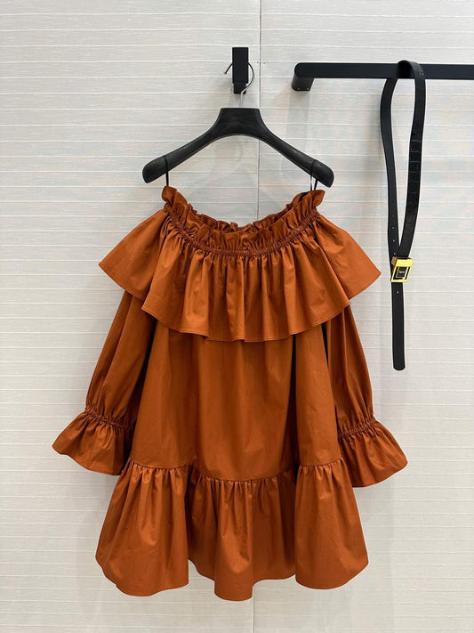 YSL One-shoulder Drawstring Puff Sleeve Dress Caramel Cotton