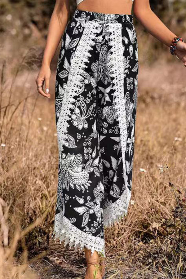 Pantalones casuales de encaje con estampado holgado a la moda