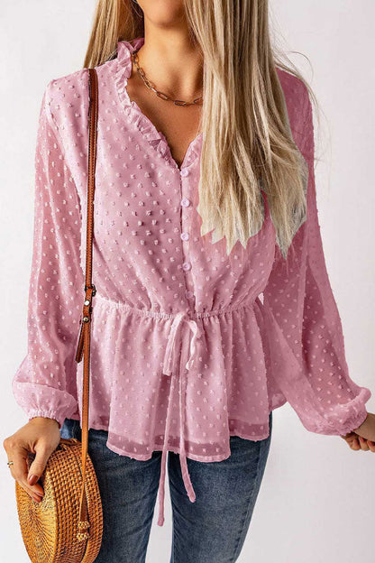 Elegante blusa de lunares con cuello en V, botones y cintura anudada