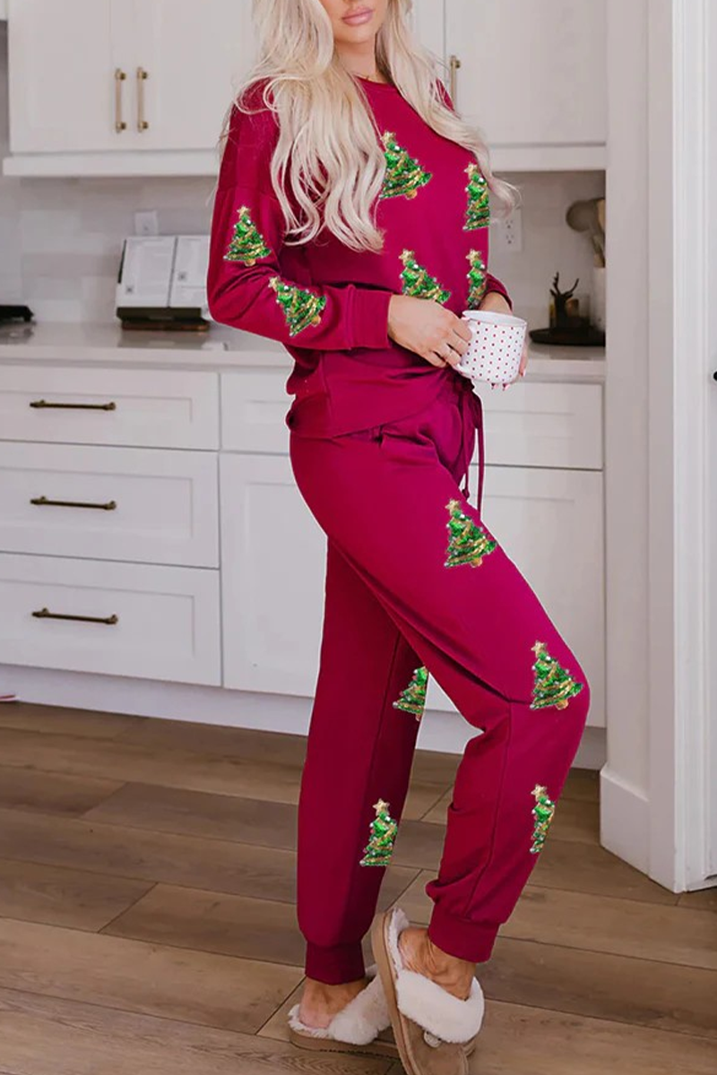 Conjunto informal de dos piezas con cuello redondo, manga larga y lentejuelas, con cordones y árbol de Navidad de Papá Noel para fiesta
