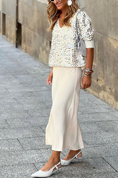 jersey de lentejuelas con cuello en V
