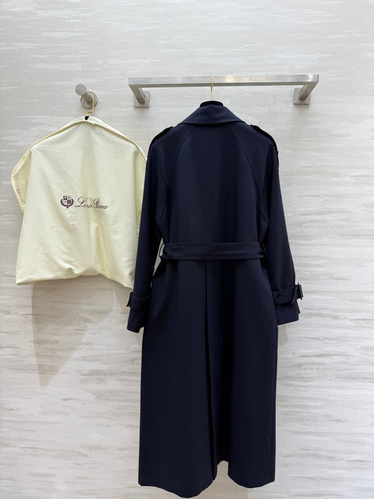 LP 25 Tie-Waist Slim Lapel Long Trench Coat Navy Blue Cotton 305537